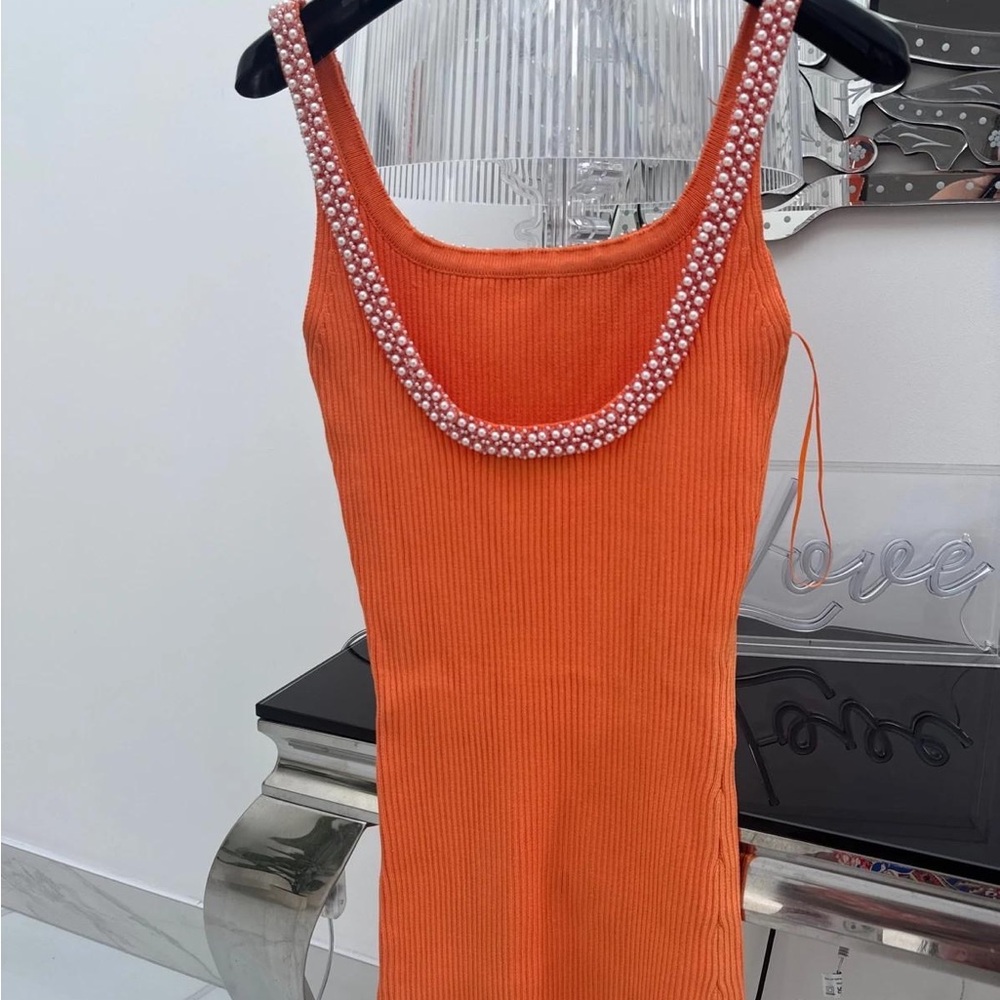 Zara Orange Tank Top with Beaded Neckline
